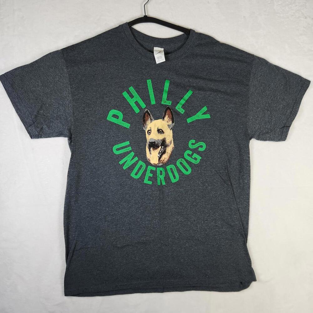 Vtg Philly‎ Underdogs German Shepherd Graphic Tee L Gray Gildan Heavy Cotton